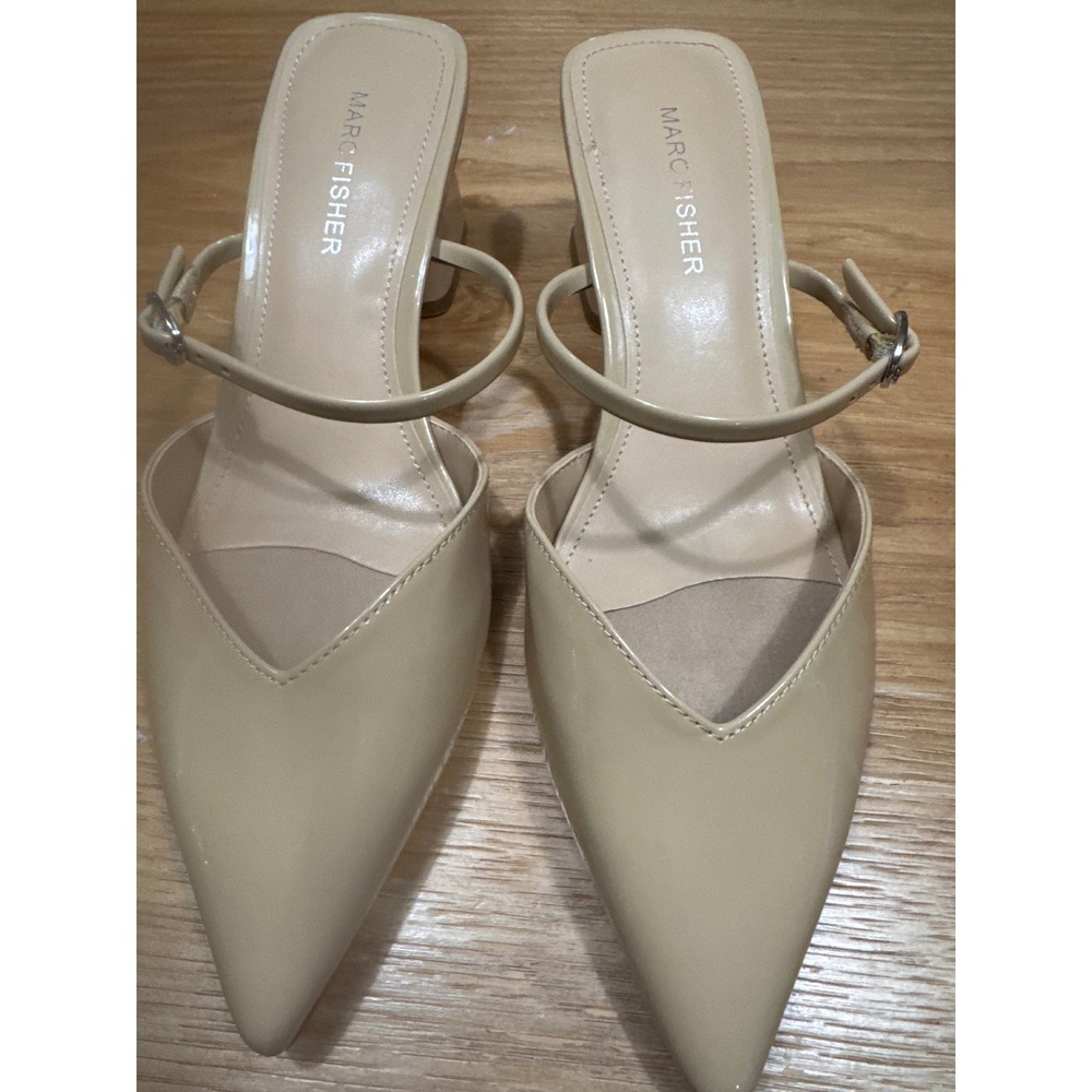 Marc Fisher Lakey Beige Patent Pointed Toe Mary Jane Block Heel Mules Mens 7.5M - Picture 2 of 6